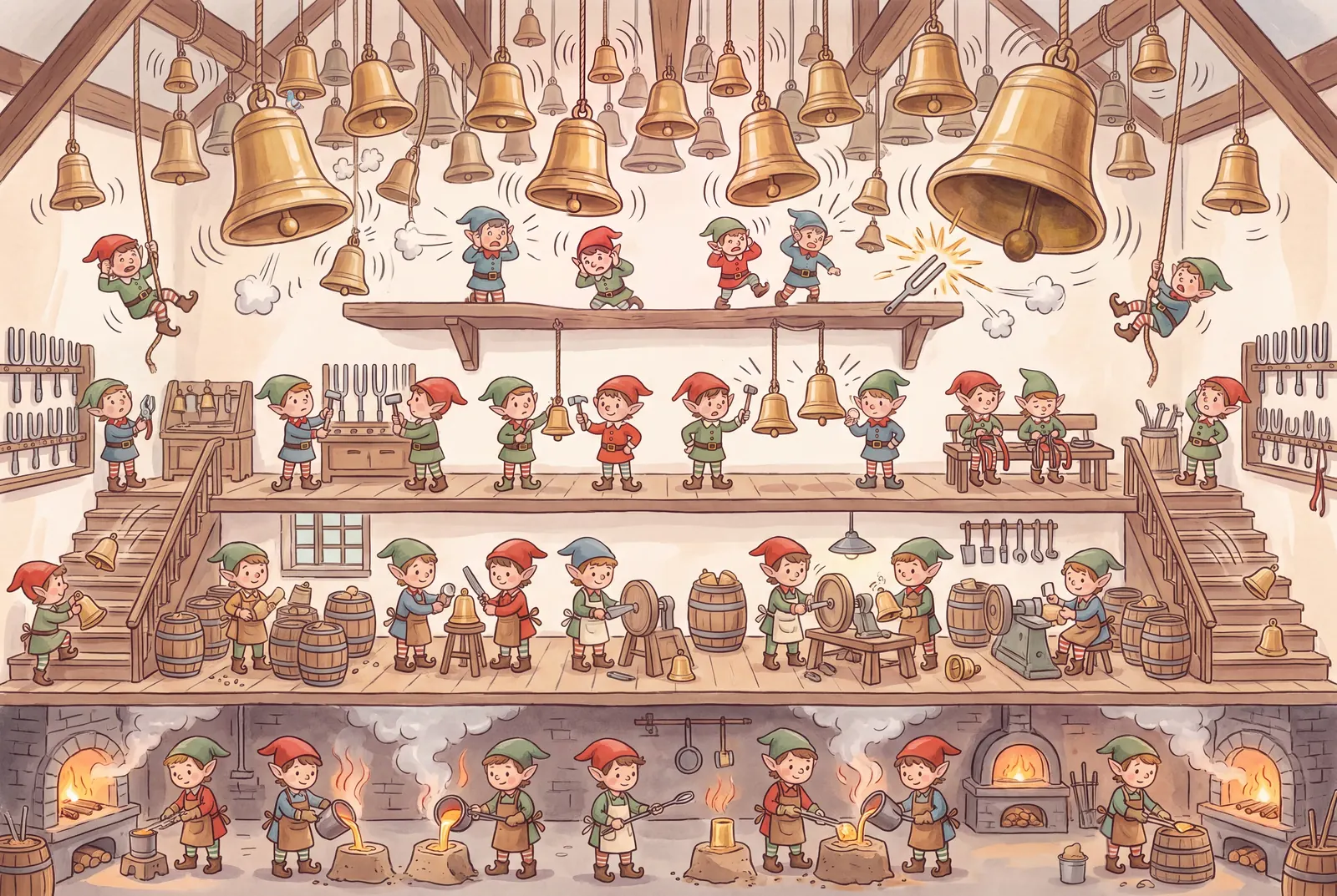 A double-page spread from The Elf Workshop, spread 9 of 18
