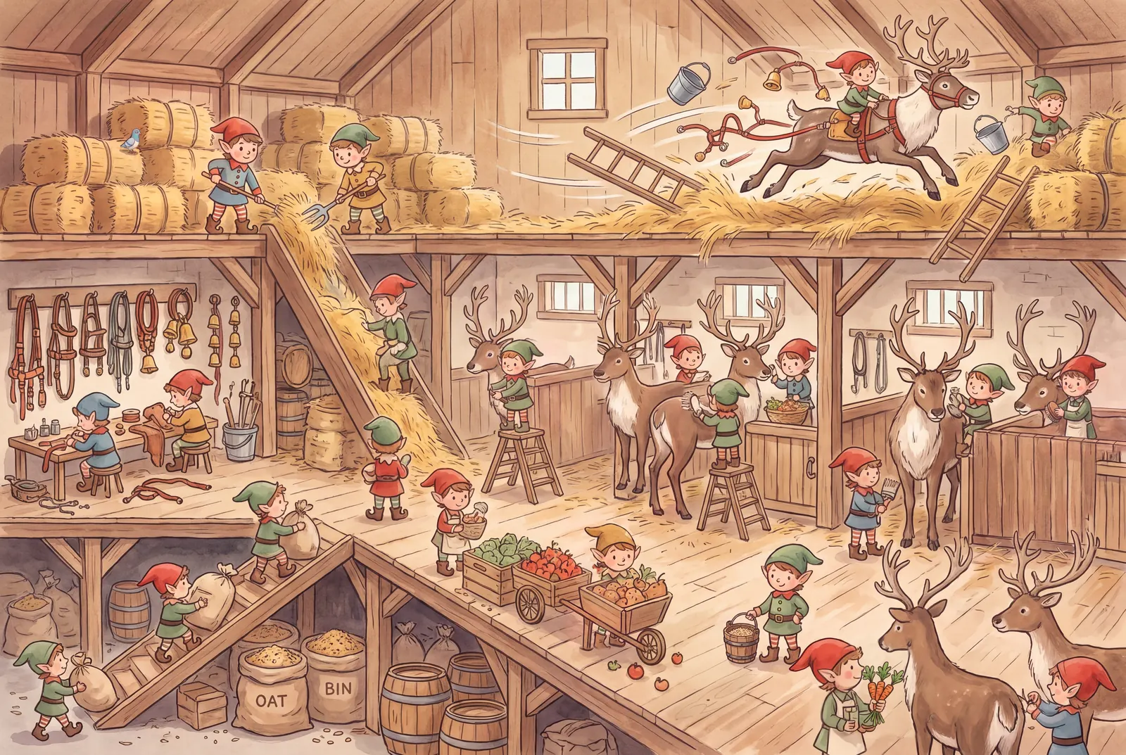 A double-page spread from The Elf Workshop, spread 16 of 18