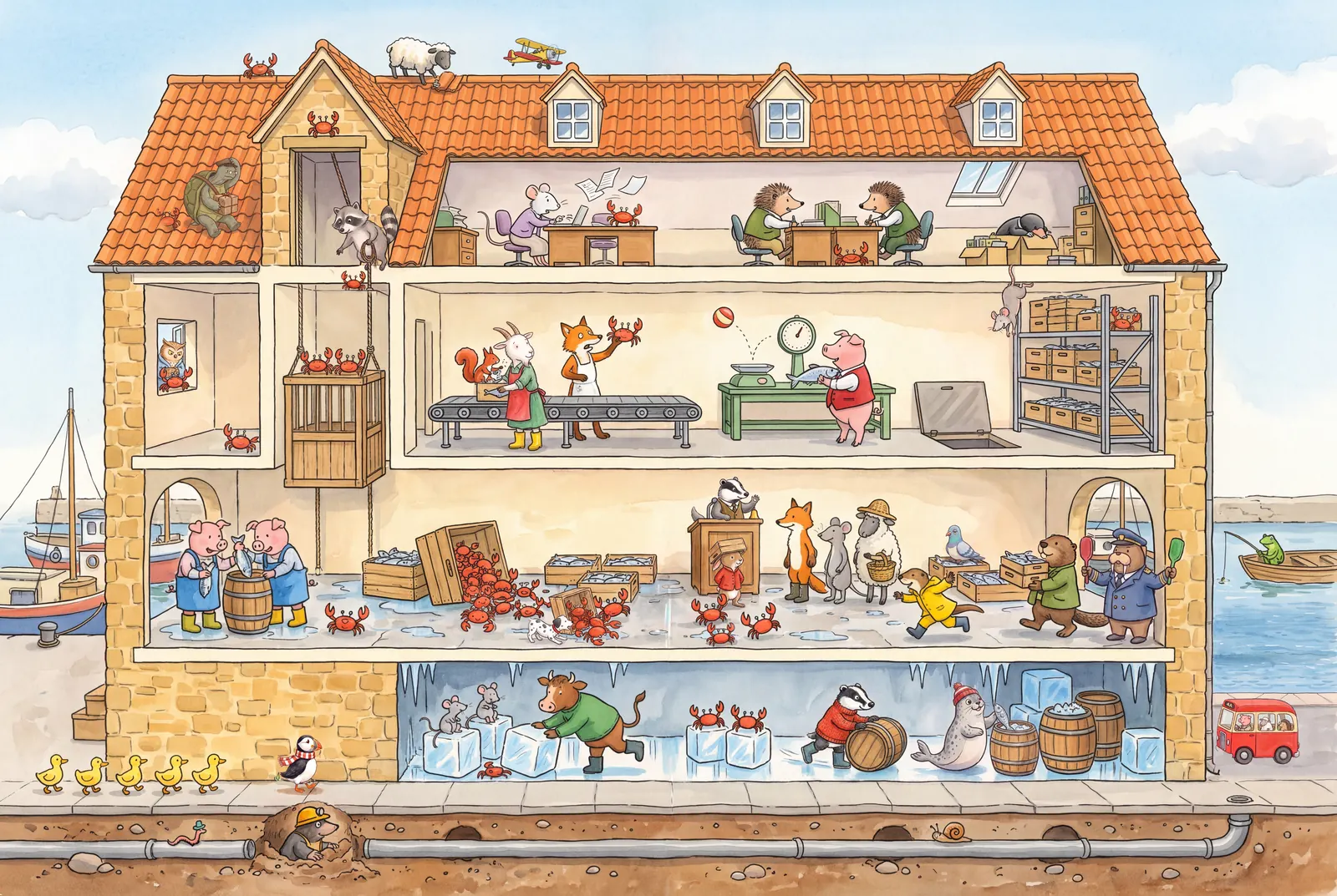 A double-page spread from The Harbor, spread 2 of 18