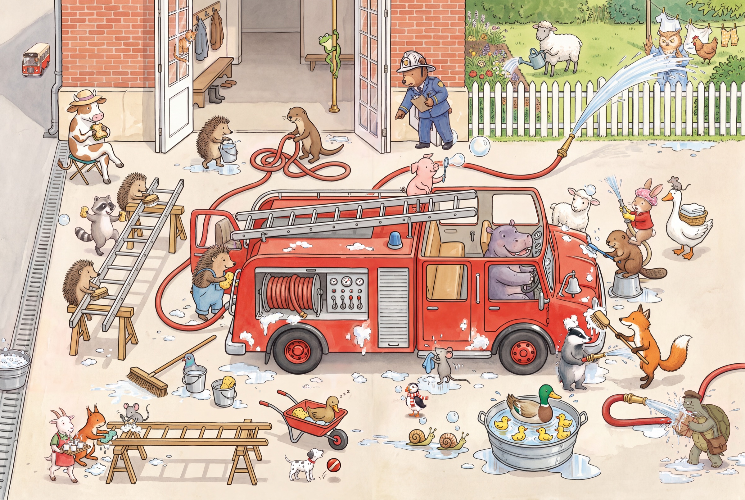 A busy animal crew washing a red fire engine outside the firehouse.